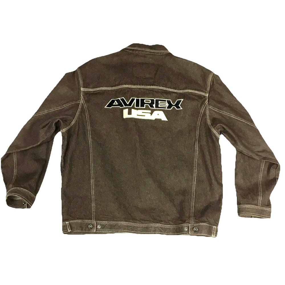 Avirex USA Mens XXL Brown‎ Cotton Denim Trucker Jacket Embroidered Logo Vintage